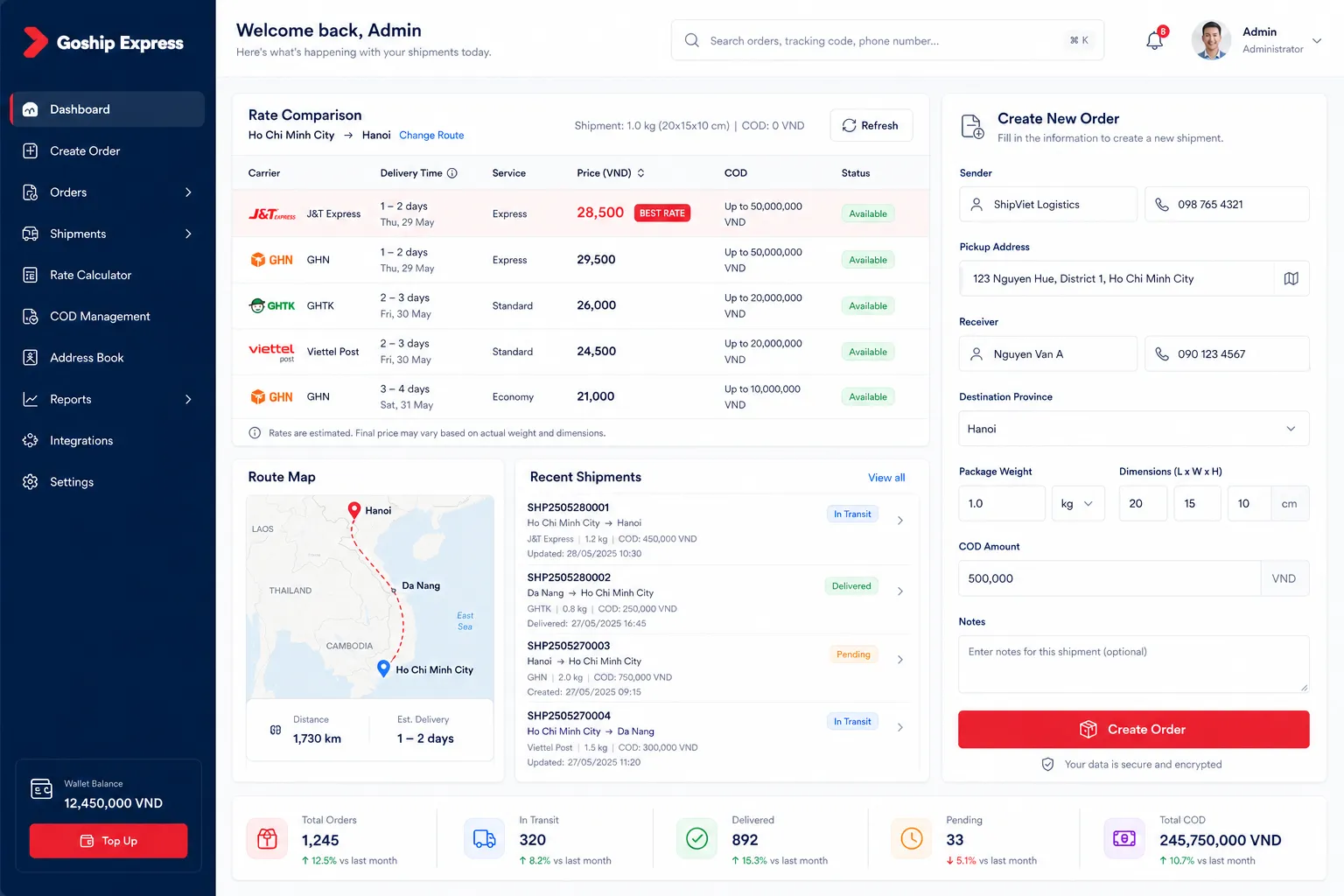 Goship dashboard quản lý vận chuyển đa hãng