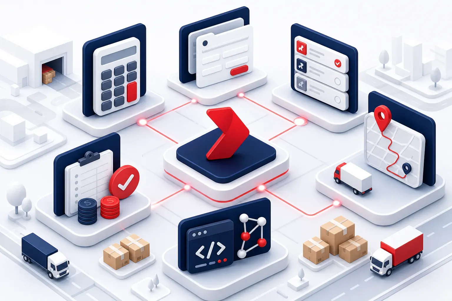 Minh họa 3D các nhóm tính năng tạo đơn, lấy cước, tracking, COD và API