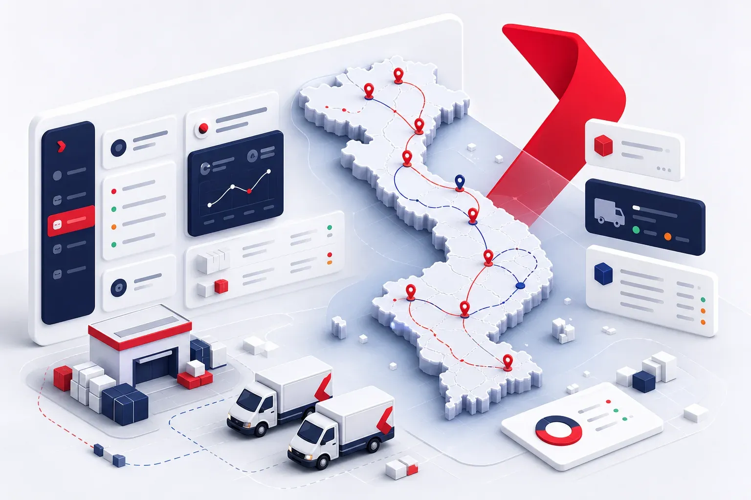 Minh họa 3D bản đồ cước vận chuyển và tuyến giao Goship
