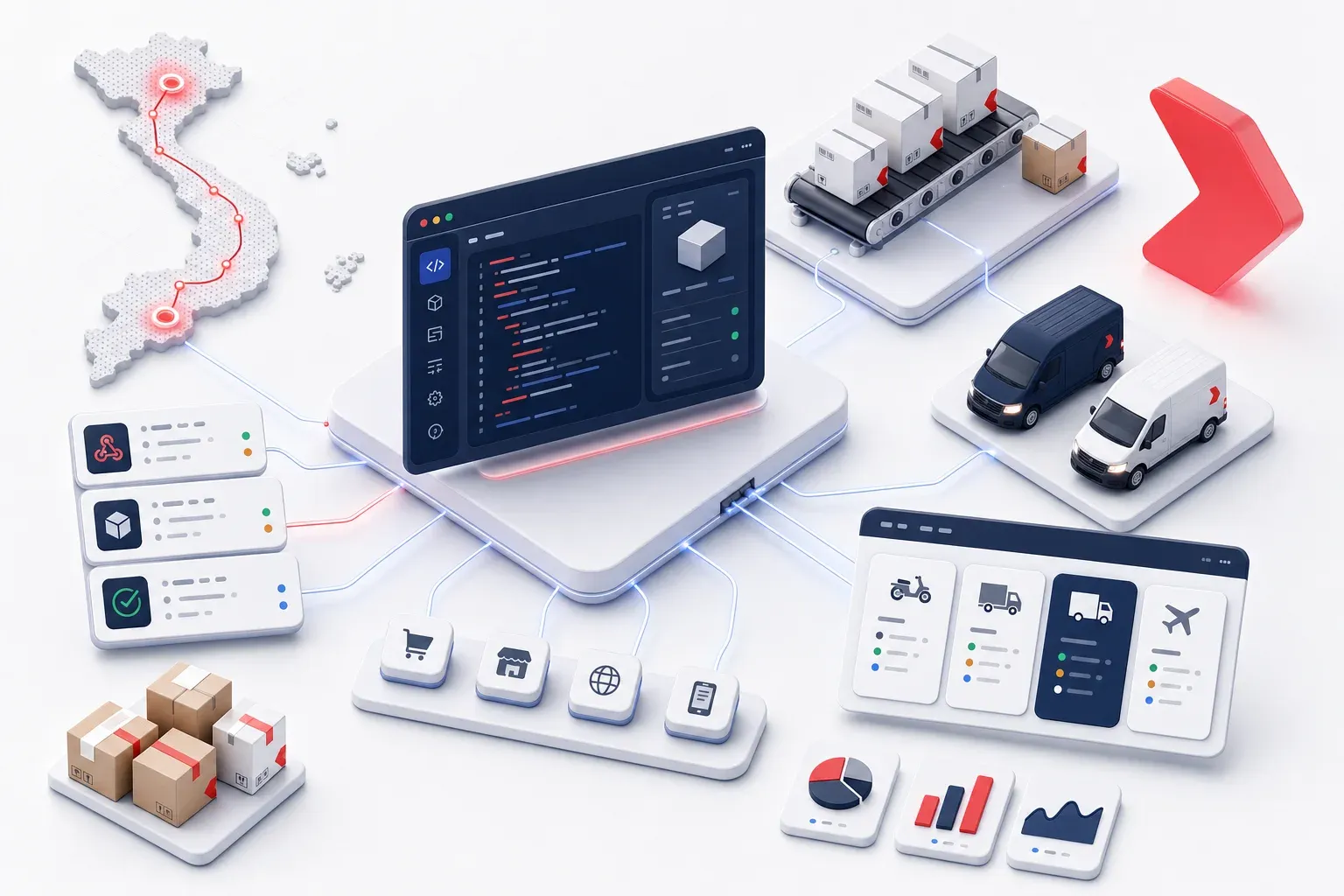Minh họa 3D Goship Shipping API kết nối console, kiện hàng, tuyến giao và carrier
