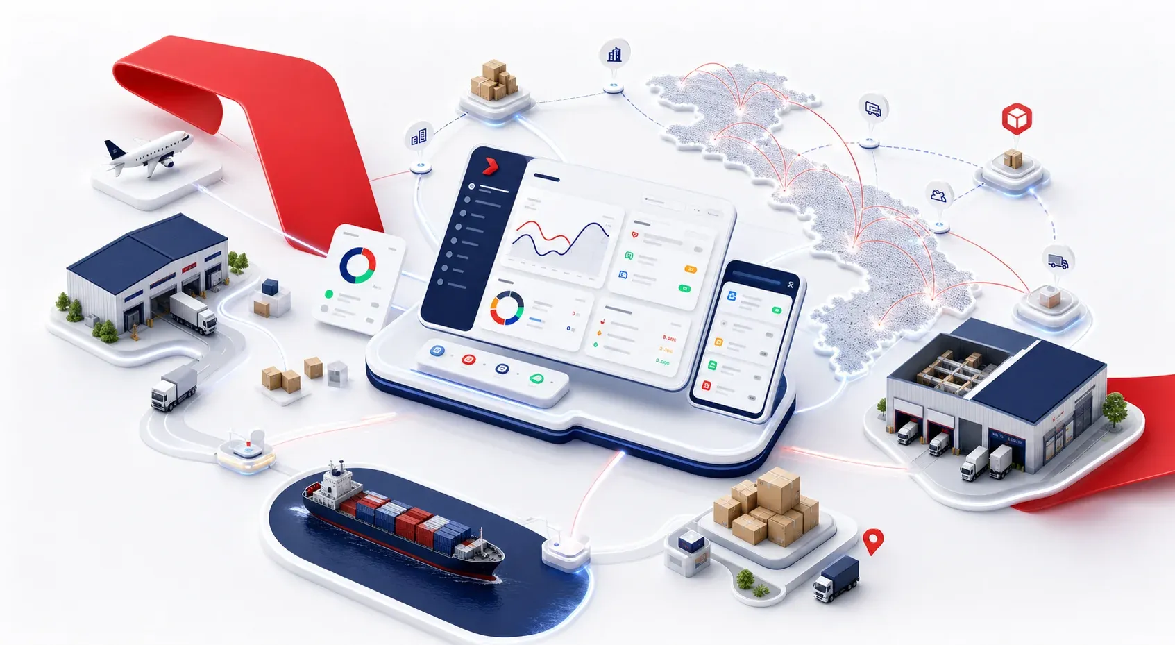Minh họa 3D nền tảng vận chuyển đa hãng Goship kết nối dashboard, kho hàng, bản đồ tuyến và kiện hàng