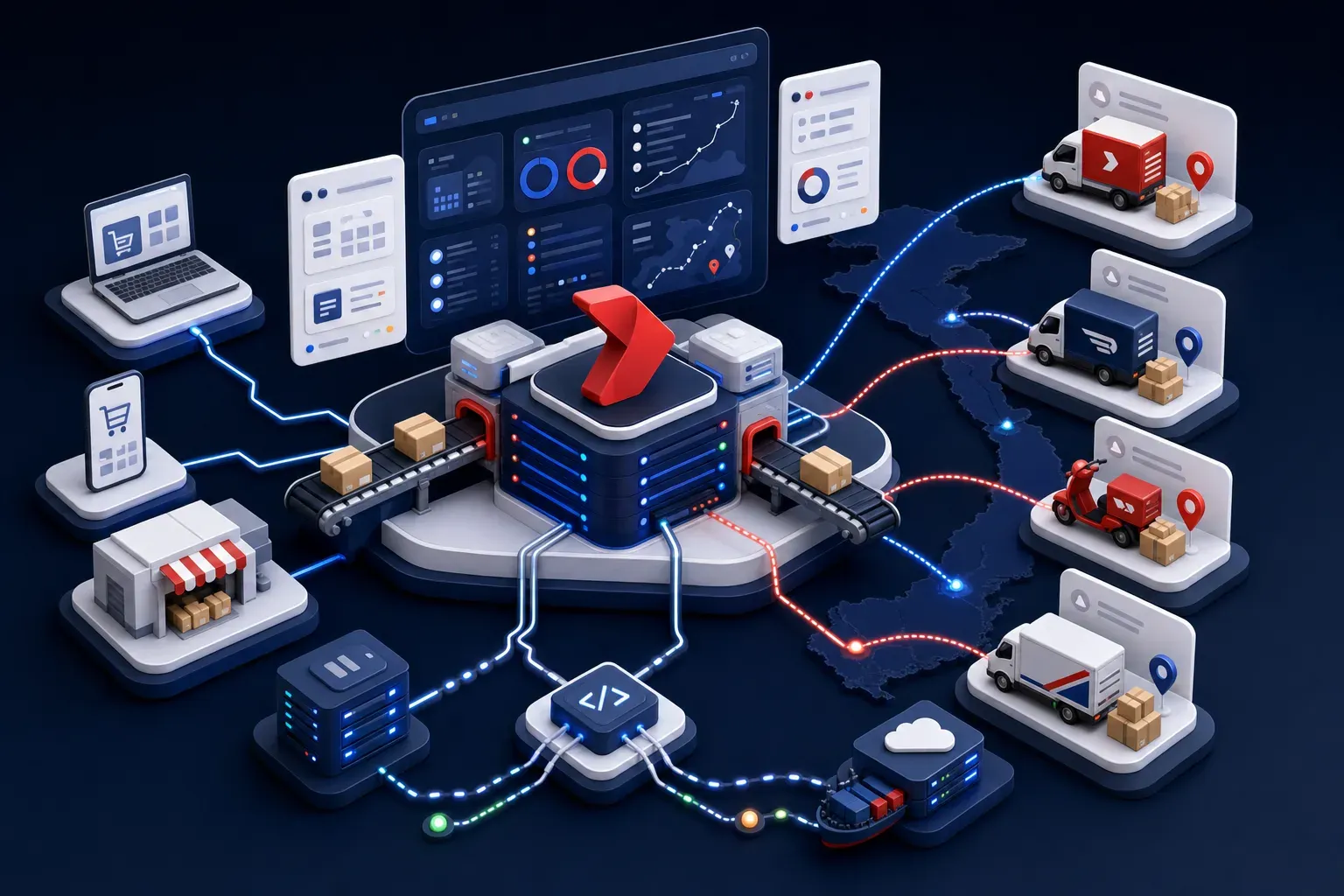 Minh họa Goship điều phối đơn hàng, API và nhiều carrier trong một hub tích hợp