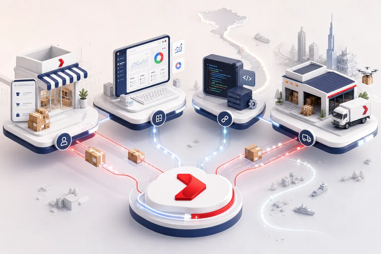 Minh họa 3D bốn vai trò seller, platform, developer và carrier cùng đi qua lớp kết nối vận chuyển Goship