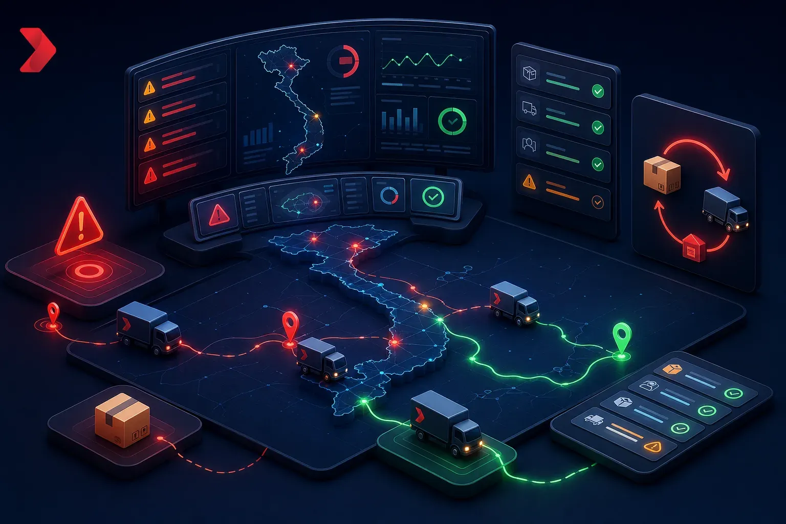 Minh họa control room theo dõi rủi ro COD, trạng thái giao hàng và tuyến carrier trên bản đồ Việt Nam
