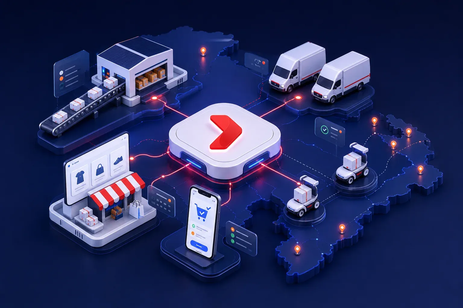 Minh họa Goship kết nối GHN với dashboard, API, tuyến giao và dữ liệu vận hành