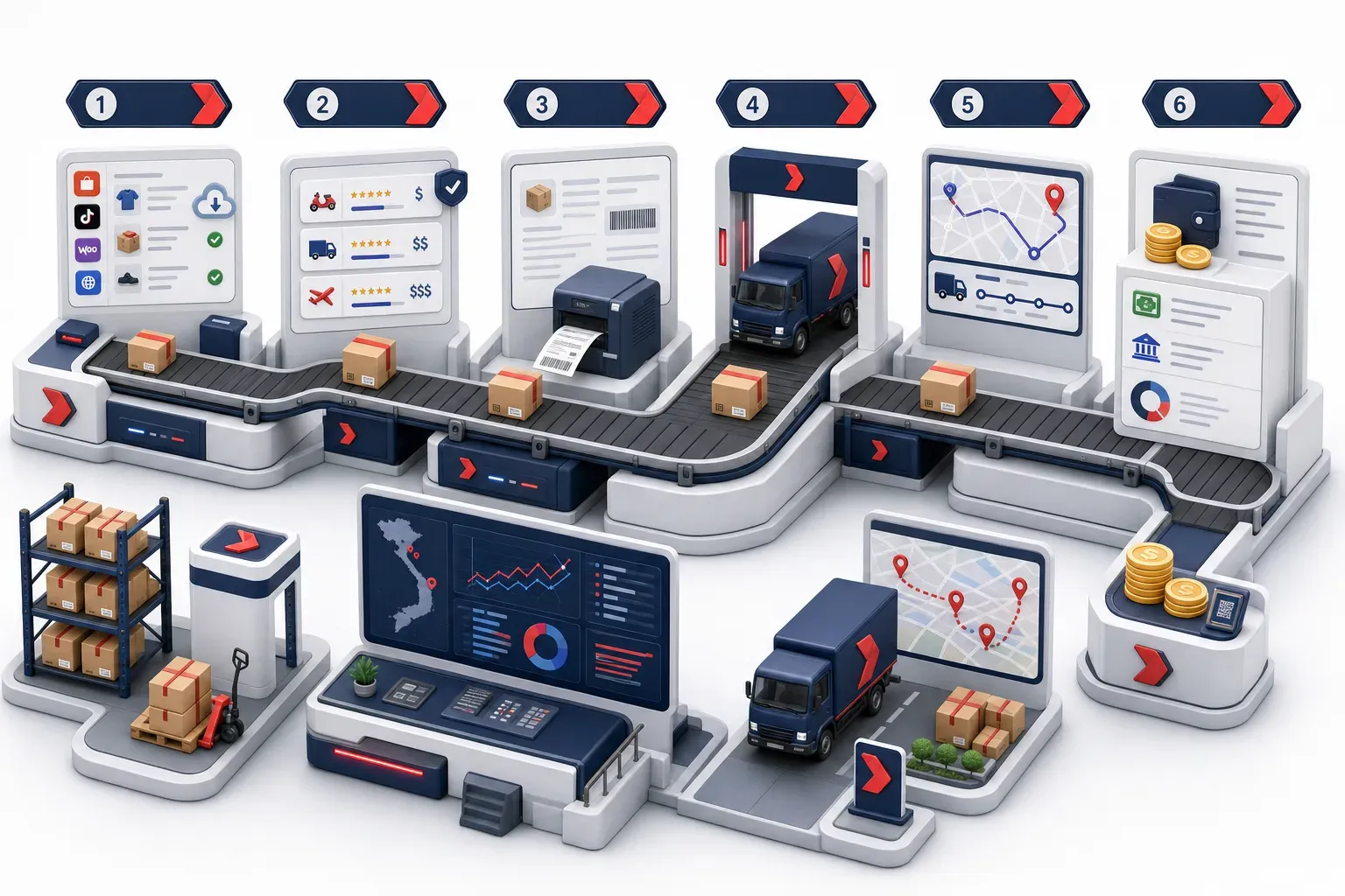 Minh họa 3D quy trình từ đồng bộ đơn đến đối soát COD