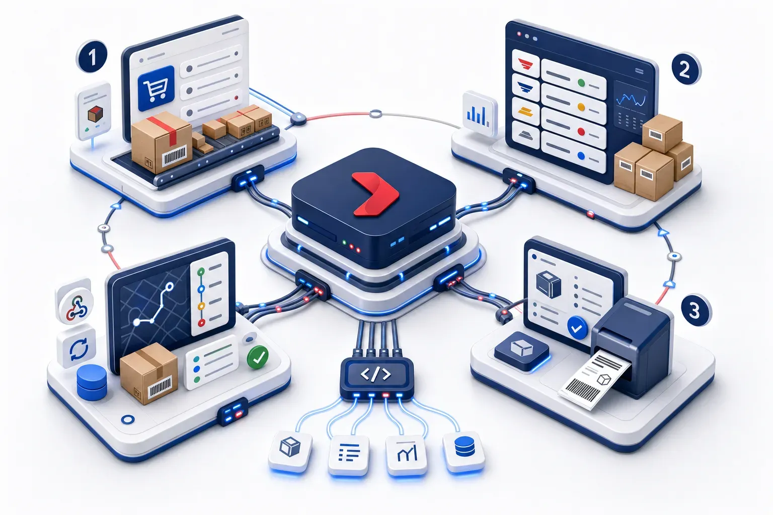 Minh họa quy trình API Goship từ đẩy đơn, so sánh carrier, tạo vận đơn đến đồng bộ trạng thái