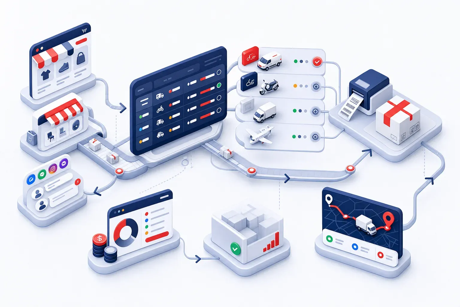 Minh họa luồng dữ liệu từ tạo đơn, chọn carrier, tracking đến COD và báo cáo đối soát